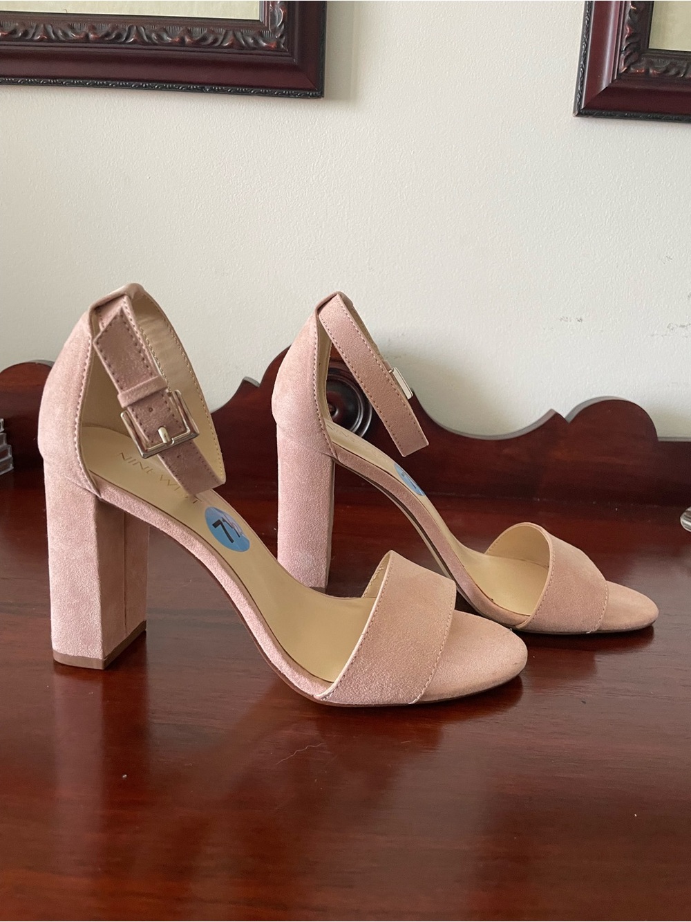Nine West Blush Pink Suede Block Heel Ankle Strap Sandals